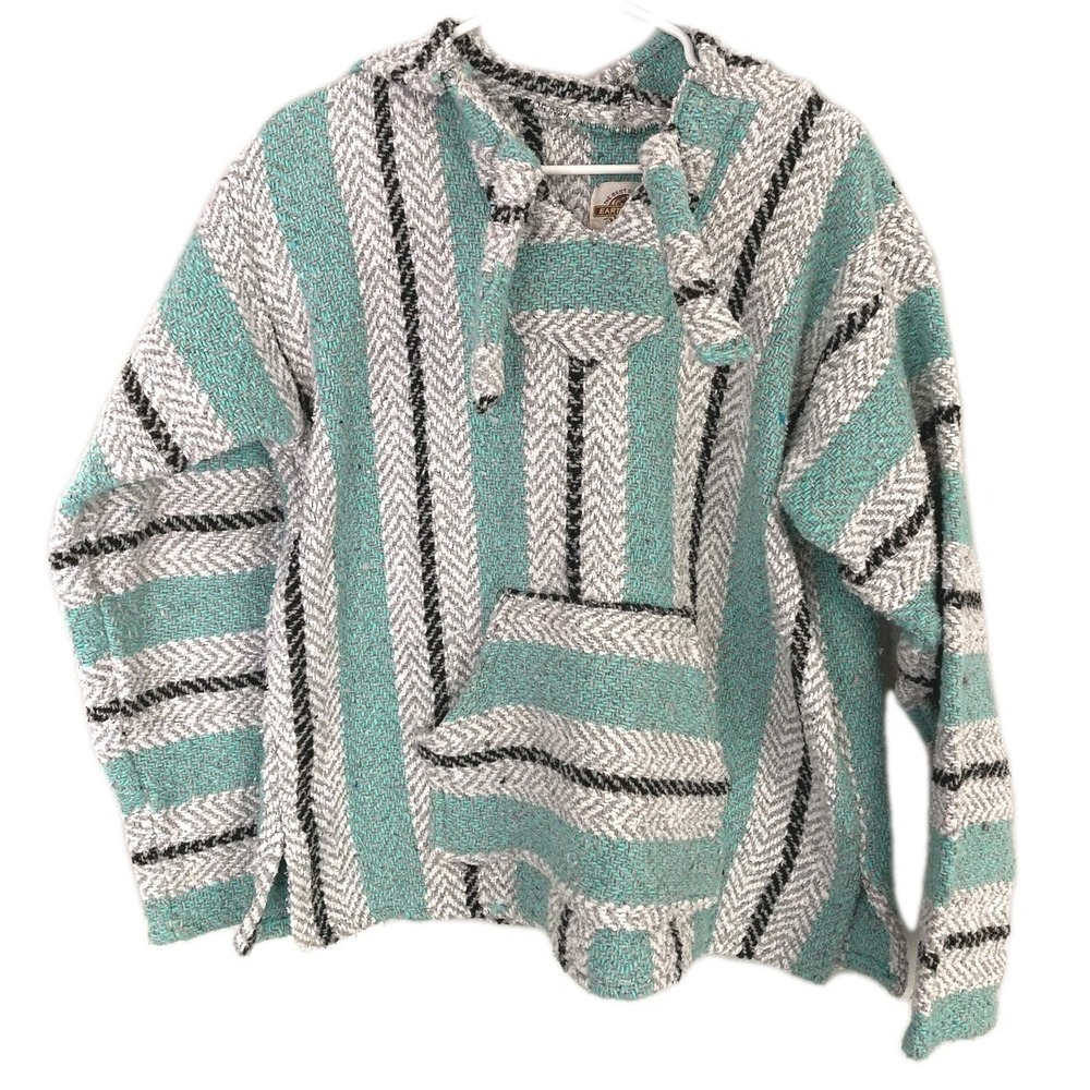 Earth Ragz Hoodie Men L Teal Gray Striped Baja Kangaroo Pocket Sweatshirt Mexico